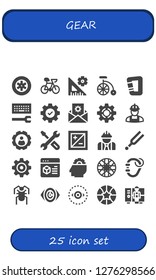  gear icon set. 25 filled gear icons. Simple modern icons about  - Wheels, Bike, Settings, Carabiner, Configuration, Setting, Worker, Repair, Exposure, Tuning, Spoke wheel, Cricket