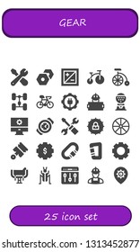 gear icon set. 25 filled gear icons.  Collection Of - Repair, Settings, Exposure, Bike, Chassis, Gear, Worker, Machine, Watch, Wheel, Pistons, Carabiner, Saddle, Cricket