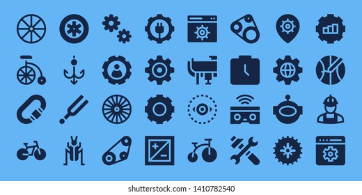 gear icon set. 32 filled gear icons. on blue background style Collection Of - Wheel, Bike, Carabiner, Wheels, Hook, Tuning, Cricket, Cogwheel, Settings, Timing belt, Gear, Exposure