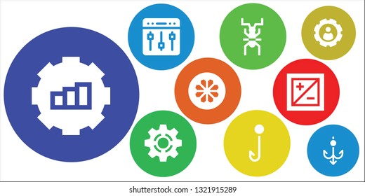 gear icon set. 9 filled gear icons.  Collection Of - Gear, Settings, Cricket, Setting, Hook, Wheel, Exposure