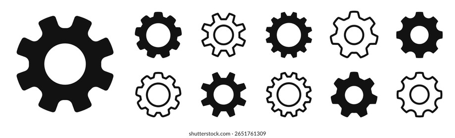 Gear icon set. Cog wheel, setting, engine circle, process. Black cogwheel flat and thin line style - stock vector.
