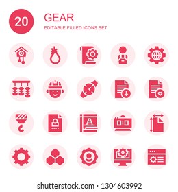 gear icon set. Collection of 20 filled gear icons included Cuckoo clock, Tool, File, Worker, Settings, Pedals, Engineering, Watch, Hook, Maintenance, Digital clock, Benzene, Web settings