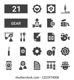 gear icon set. Collection of 21 filled gear icons included Engineering, Pedals, File, Pulley, Watch, Cogwheel, Tools, Settings, Hook, Angler, Exhaust pipe, Worker, d printing pen