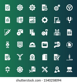 gear icon set. Collection of 36 filled gear icons included Projection, Pulley, Tools, File, Settings, Cuckoo clock, d printing pen, Incubator, Handlebar, Lever, Files, Cogwheel