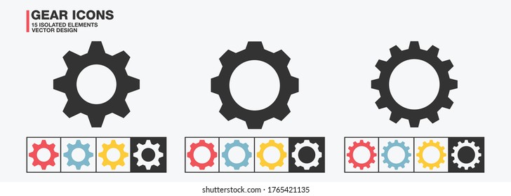 Gear icon set – Collection of colored cog wheel symbol on white background – Gears icons - Progress or construction or engineering concept– Isolated vector illustration