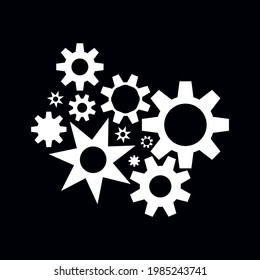 Gear icon set. The concept of movement, cooperation, teamwork. Collection of round white gears on black. Symbol of industry, progress, technology. For design business presentation.Vector illustration.