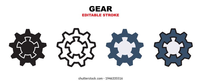 Gear icon set with different styles. Icons designed in filled, outline, flat, glyph and line colored. Editable stroke and pixel perfect. Can be used for web, mobile, ui and more.