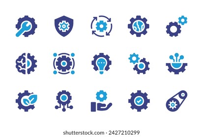 Conjunto de iconos de engranajes. Color duotono. Ilustración vectorial. Contiene ajustes, recuperación, engranaje, idea, tecnología, escudo, ajuste, fácil instalación, soporte técnico.