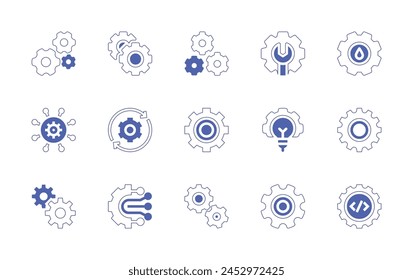 Conjunto de iconos de engranajes. Trazo de línea de estilo duotono y negrita. Ilustración vectorial. Contiene engranajes, Configuraciones, gestión, desarrollo de software, configuración, conexión, concepto, mantenimiento, progreso, administración.