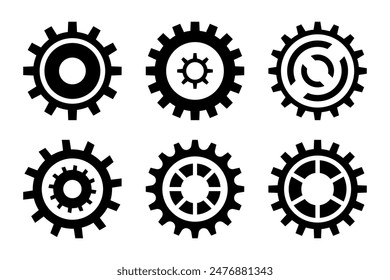 Gear icon set featuring various simple designs of black gears. Perfect for technical, mechanical, and engineering projects, black gear wheel icons, cogwheel silhouette, settings sign or symbol