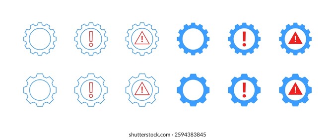 Gear icon set in flat style with exclamation and warning signs.