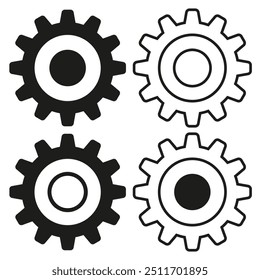 Gear icon set. Industrial cogwheel symbol. Mechanical engineering graphic. Black and white vector.