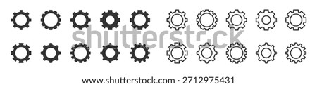 Gear icon set. Line and glyph gearwheel sign. Outline cogwheel mechanism symbol. Progress or construction concept, Engineering, machinery wheel symbols. Circular or toothed shape objects. Simple cog.