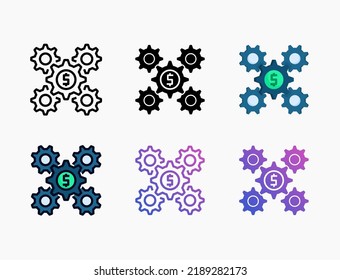 Icono de engranaje con línea, contorno, plano, relleno, glifo, color, gradiente. Actrazo editable y píxel perfecto. Se puede usar para productos digitales, presentación, diseño de impresión y más.