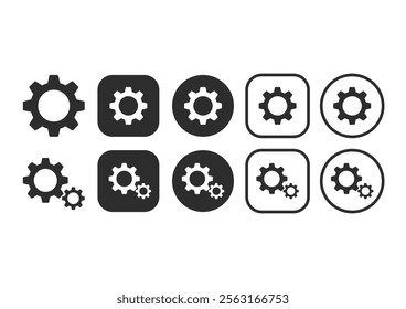 Gear icon set. Gear Settings symbol, cogwheel. Functions symbol.