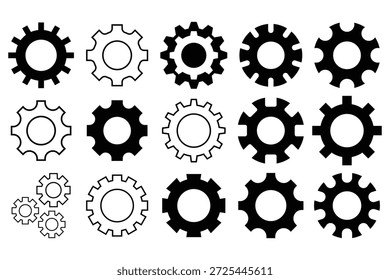 Conjunto de iconos de engranajes. Configuraciones de engranajes, rueda dentada. Línea y glifo señal de rueda dentada. Configuraciones icono de Ilustración vectorial.