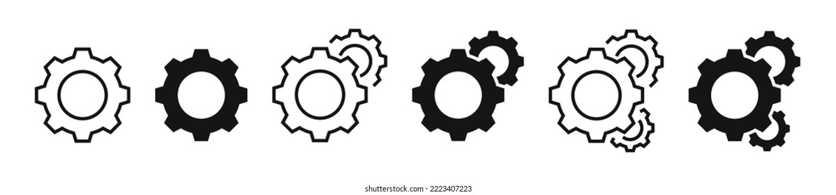 Zahnradsymbol eingestellt. Fanggeräte-Einstellungen. Symbol für das Zahnradsymbol eingestellt. Zahnradvektorsymbole. Einstellungen, Konfigurationssymbole. Cograd-Icon-Sammlung. Vektor EPS10