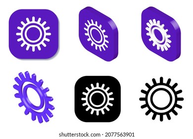 Juego de iconos de la marcha. Símbolo de engranaje de color plano e isométrico, representación 3D en color azul y negro. Iconos mecánicos del motor.	
