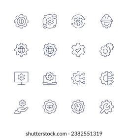 Gear icon set. Thin line icon. Editable stroke. Containing gear, monitor, management, reverse engineering, world grid, configuration, leaves, skills, check, engineering, gears, connection.