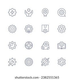 Gear icon set. Thin line icon. Editable stroke. Containing electric gear, gear, light bulb, pie chart, cogwheel, settings, order fulfillment, mechanism, creative process, options, time management.