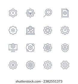 Gear icon set. Thin line icon. Editable stroke. Containing gear, optimization, server, leaf, identify, laptop, cogwheel, adaptation, settings, privacy, engineering, clock.