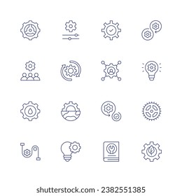 Gear icon set. Thin line icon. Editable stroke. Containing gears, worker, water system, mechanics, cogwheel, change, gear, idea, check, skills, management, guide book, agile, development.