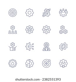 Juego de iconos de la marcha. Icono de línea delgada. Trazo editable. Conteniendo equipo, internado, pensamiento de diseño, cog, ajuste, configuración, cerebro, trabajo en progreso, instalación fácil, equipo, grupo, engranajes, administrador, interrupción.