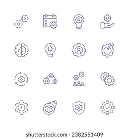 Gear icon set. Thin line icon. Editable stroke. Containing gears, mind, recovery, gear, calendar, idea, user, development, security, disruption, check.