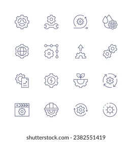 Gear icon set. Thin line icon. Editable stroke. Containing gear, analytics, script, setting, settings, power, helmet, agile, upload, engineering, arrows, repair, gears, recovery.