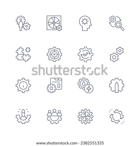 Gear icon set. Thin line icon. Editable stroke. Containing gear, solution, options, rocket, fan, setting, teamwork, functioning, control system, energy, puzzle, research and development, disruption.