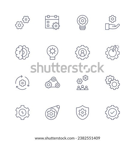 Gear icon set. Thin line icon. Editable stroke. Containing gears, mind, recovery, gear, calendar, idea, user, development, security, disruption, check.