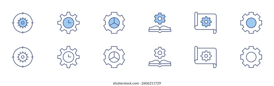 Gear icon set in two styles, Duotone and Thin Line style. Editable stroke. target, time management, manual book, blueprint, settings.