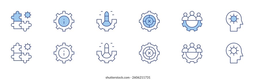 Gear icon set in two styles, Duotone and Thin Line style. Editable stroke. solution, options, rocket, setting, teamwork, functioning.