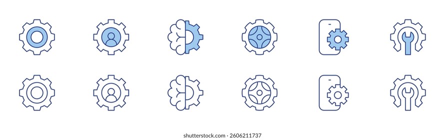 Gear icon set in two styles, Duotone and Thin Line style. Editable stroke. settings, gear, brain, smartphone.