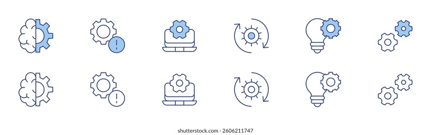 Gear icon set in two styles, Duotone and Thin Line style. Editable stroke. machine learning, warning, software, exchange, idea, gears.