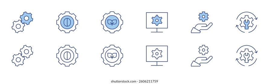 Gear icon set in two styles, Duotone and Thin Line style. Editable stroke. gears, gear, monitor, management, leaves, skills.