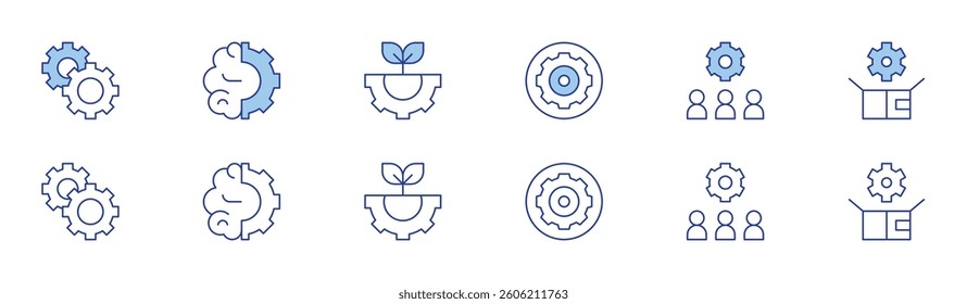 Gear icon set in two styles, Duotone and Thin Line style. Editable stroke. gears, gear, onboarding, design thinking, brain, engineering.