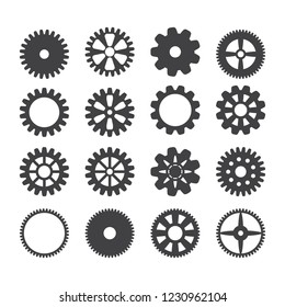 Gear icon set. Vector transmission cog wheels and gears isolated on white background