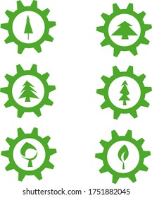 Conjuntos de iconos de engranajes con varios objetos arbóreos sobre la naturaleza del fondo blanco y el concepto de entorno