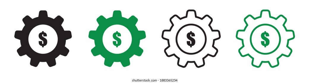 Zahnradsymbol, Einstellungen, Dollar in Gangsymbol, Zahnrad, Zahnräder flach Symbol mit Dollar, Vektorgrafik.