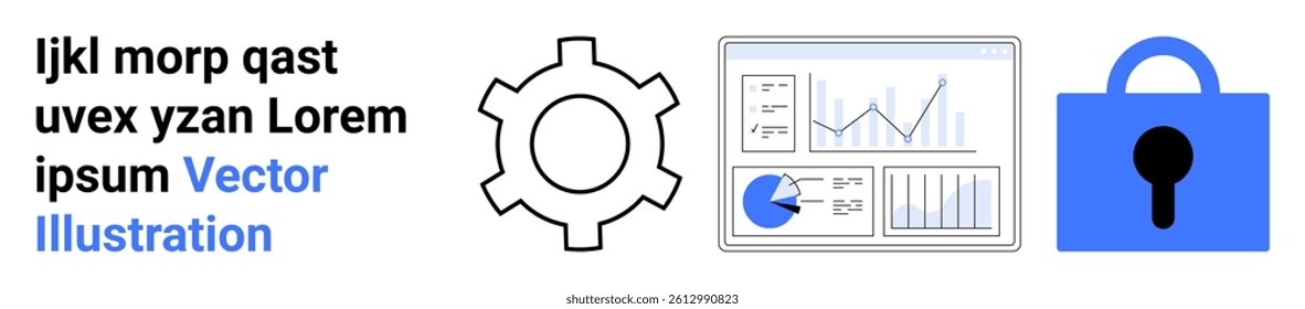 Gear icon for settings, graph and chart analytics dashboard for data insights, blue padlock for security. Ideal for tech, IT, cybersecurity, data analysis, software settings, online security, app
