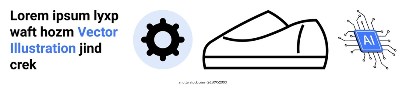 Gear icon, shoe outline, and AI chip with text elements. Ideal for technology, fashion, AI, modern design, innovation, product development, smart wearables. Landing page