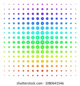 Gear icon spectral halftone pattern. Vector gear pictograms organized into halftone grid with vertical spectral gradient. Designed for backgrounds, covers and abstraction compositions.