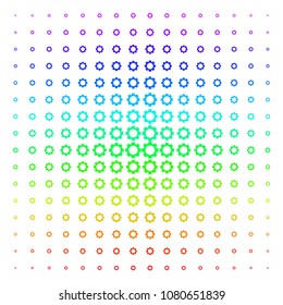 Gear icon spectral halftone pattern. Vector gear items arranged into halftone grid with vertical spectral gradient. Designed for backgrounds, covers and abstract concepts.
