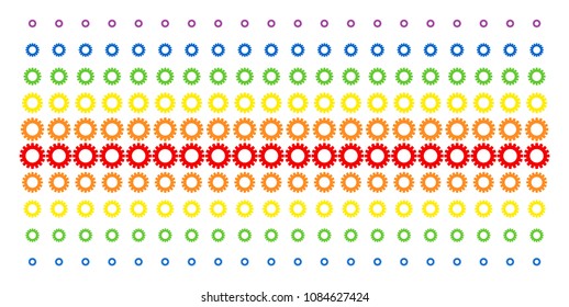 Gear icon spectral halftone pattern. Vector symbols arranged into halftone grid with vertical rainbow colors gradient. Designed for backgrounds, covers, templates and abstract effects.