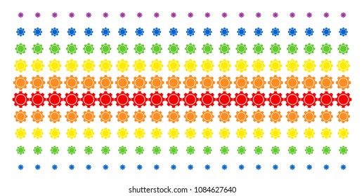 Gear icon spectrum halftone pattern. Vector symbols organized into halftone array with vertical rainbow colors gradient. Constructed for backgrounds, covers, templates and abstraction effects.