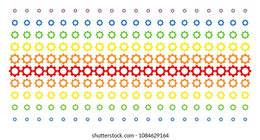 Gear icon spectrum halftone pattern. Vector shapes organized into halftone array with vertical spectrum gradient. Constructed for backgrounds, covers, templates and abstraction compositions.