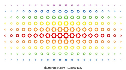 Gear icon spectrum halftone pattern. Vector gear pictograms are organized into halftone array with vertical rainbow colors gradient. Designed for backgrounds, covers, templates and abstract concepts.