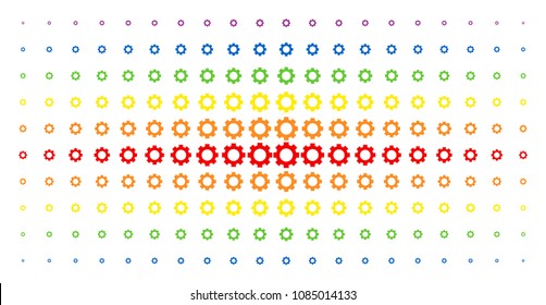 Gear icon spectrum halftone pattern. Vector gear symbols are arranged into halftone matrix with vertical rainbow colors gradient. Designed for backgrounds, covers, templates and abstraction effects.