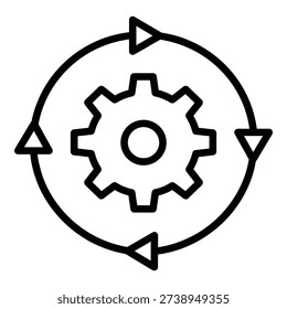 A gear icon surrounded by a circle with three arrows indicating a cyclical process